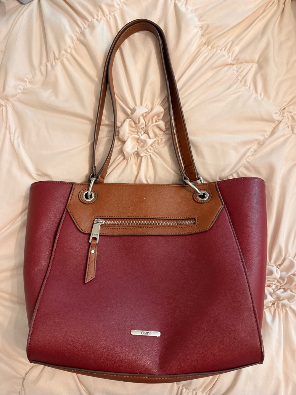 Chaps Red & Brown Faux Leather Bag